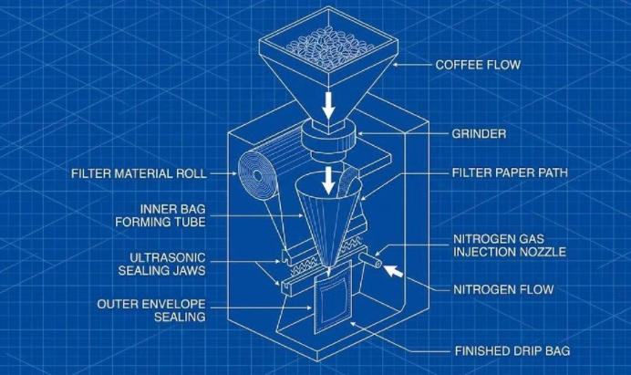 Blueprint of an MDP Intelligent automated coffee packaging system, detailing the workflow for creating drip coffee bags, including grinding, VFFS (vertical form fill seal), ultrasonic sealing, and nitrogen preservation. Blueprint of an MDP Intelligent automated coffee packaging system, detailing the workflow for creating drip coffee bags, including grinding, VFFS (vertical form fill seal), ultrasonic sealing, and nitrogen preservation.