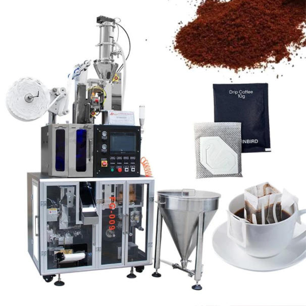 The MDP Intelligent MD-FG60 automatic drip coffee bag packing machine, shown alongside ground coffee, finished inner and outer pouches, and a freshly brewed cup. The MDP Intelligent MD-FG60 automatic drip coffee bag packing machine, shown alongside ground coffee, finished inner and outer pouches, and a freshly brewed cup.