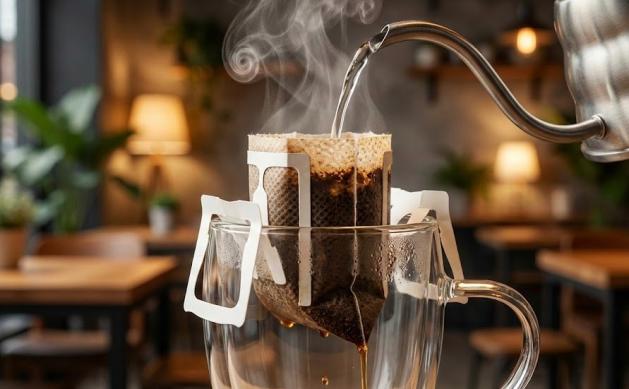 Hot water is poured from a gooseneck kettle into an MDP Intelligent single-serve drip coffee bag, brewing a fresh, steaming cup of pour-over coffee in a clear glass mug. Hot water is poured from a gooseneck kettle into an MDP Intelligent single-serve drip coffee bag, brewing a fresh, steaming cup of pour-over coffee in a clear glass mug.